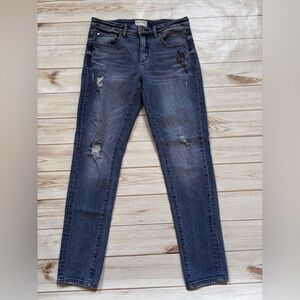 Gilded Intent mid rise skinny embroidered distressed jeans